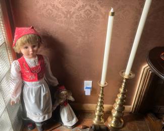 Norwegian costume dolls + brass candlesticks