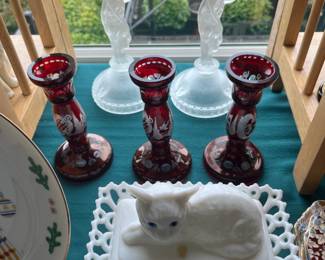 Westmoreland cat dish, bohemian candlesticks, frosted, figural candlesticks