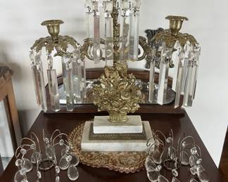 Antique brass girandole w/prisms 