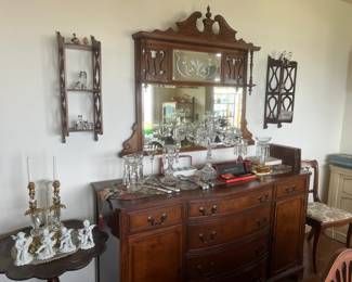 Mahogany buffet, large mirror, round pie crust table, pair of knick-knack shelves
