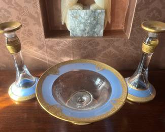 Reverse painted console bowl /candlestick set