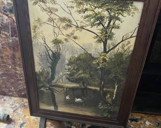 Antique fire screen with oil painting front