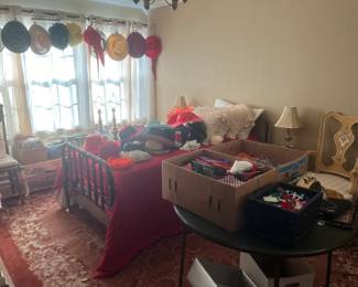 Bedroom #3: Vintage clothing, furs, wool coats, fake furs, hats, gloves, scarves, hankies, purses