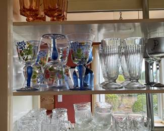 Fostoria top shelf, MacKenzie Child & Jeannette second shelf