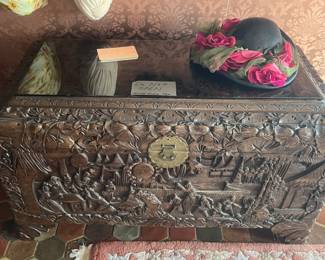 Carved camphor chest brought back after WW2