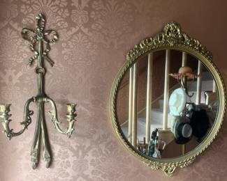 Metal candelabra, ornate gesso mirror