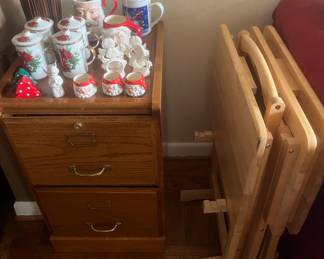 1 of 2 oak filing cabinets and wood TV trays