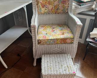 White wicker chair; American Fiber footstool