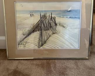 Framed Matted and Signed Watercolor of Sand Dunes and Ocean