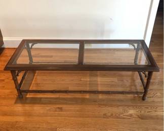 Dark Faux Bamboo Coffee Table with 2 Piece Beveled Glass Top