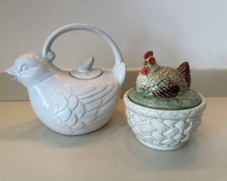 Fitz and Floyd Hen on Basket Ironstone and Darling Bird Teapot