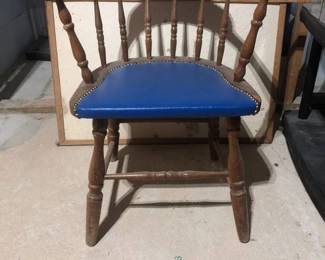 Lot of 4 Vintage Early American Wooden Dining Chairs with Blue Vinyl Seat and Back Covering and Nailhead Trim