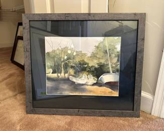 Framed Matted and Signed Watercolor of Boats by Trees