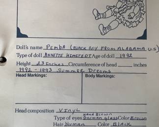 $150 - Excellent Condition                                                                                               Pemba: (Black Boy from Alabama) 1992 - Vinyl soft body collectible doll by celebrated German doll artist Annette Himstedt. Pemba represents an Ethnic Black African Jamaican boy. He is 22 inches tall. 