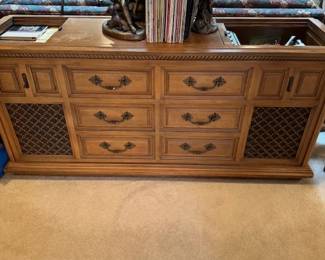 Vintage stereo cabinet with turntable, reel tape player