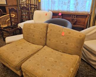 2 slipper chairs, tan silk and flower design