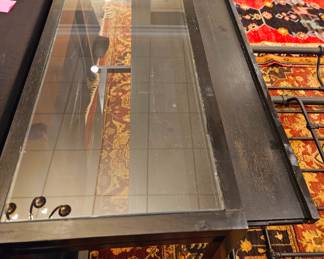 Black wood and glass display cabinet with pull-out drawer