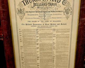 Billiard table advertisement of billiard rules framed 1889