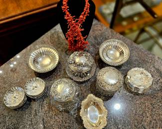 1930s coral necklace, some fabulous victorian cut crystal sterling covered boudoir jars, great Victorian salts and nut cups, etc