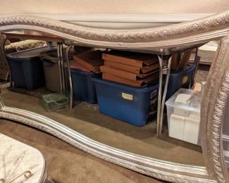 Oversized swoosh mirror in silver, 
84" or 7' wide
42.5" high
2.25" deep