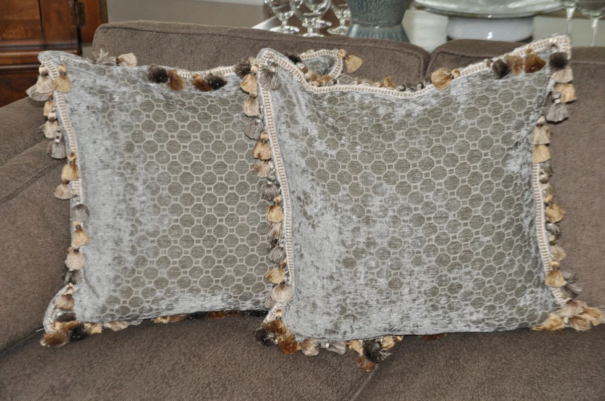 20" Square Custom Made Down Filled Throw Pillows with Tassels in an Olive Chenille Fabric