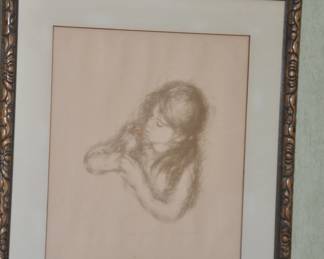Exceptional Drawing by Lila Copeland "Tatiana With Robin", Pencil Signed and Numbered 15/250 Professional Framed by Allen Rubiner Frames in an Intricately Carved Wooden Frame
