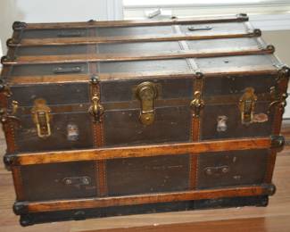 Phenomenal Antique John Brown Inc. (New Haven Connecticut) Original Wedding Steamer Trunk In Leather, Wood and Brass Accents, Complete with Owners Marriage Certificate from 1901! 39"W x 22.5"D x 24"H