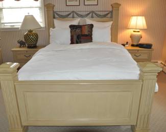 Up Close View of the Vintage Stanley Furniture Queen Sized Bed Frame & Headboard Shown with A Queen Down Comforter and New Pillows Available by Isotonic