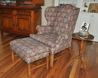 Isenhour Furniture Company Wingback Chair, Made in USA,  Upholstered in a Custom Red, Camel and Blue Paisley Fabric, 30"W x 27"D x 48"H Shown With the Matching Ottoman, 27"W x 18.5"D x 19"H
