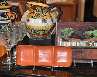 Fantastic Selection of  Kitchenware Including a Cookbook by Christopher Idones, One of Many Cookbooks in the Collection! Also Pictured are a Condiment Tray by Novita (Italy) and a Ceramic Pitcher by Corsica.