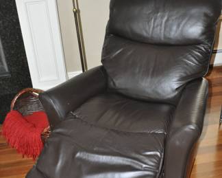 Open View of the Dark Brown Leather Lazy Boy Rocking Recliner Shown with a Classic Vintage Antiqued Brass Adjustable and Tilting Reading Floor Lamp
