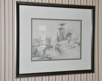 Framed Pencil Drawn & Signed Art by M. Charles Rhinehart, 20.5" x 17.5" 