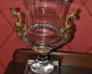 Glass with Brass and Dolphin Handles Champagne Urn Vase 8.75" D x 13.5"H