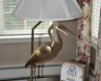 29" Vintage Wildwood Brass Crane Table Lamp Shown With one of the Several Sid Dickens Tiles Available and a Vintage Waterford Bud Vase 