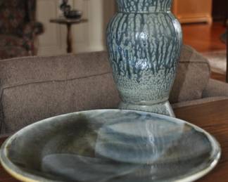 Gorgeous 13" Ceramic Studio Art Footed Cake Plate Shown with a Great Vintage 11" Studio Art Ceramic Vase 