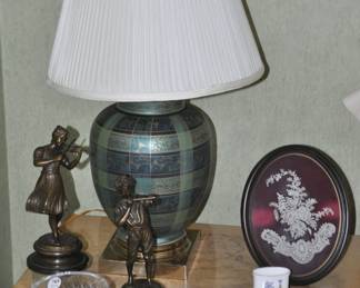 Pictured Are the Wonderful Bronze Statuette by Fonderia Lancini "Couple De Musiciens" Plate Signed (11" ea), The Second Frederick Cooper, Chicago Lamp, Cut Crystal Dish and Royal Worcester Trinkets