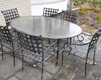 Outdoor Black Metal 7 Piece Dining Table and Chair Set, 72" 