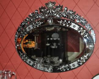 Gorgeous Vintage Venetian Style Oval Etched Wall Mirror with Glass Florets, 35" x 30"