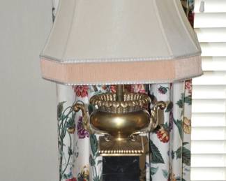 One of Two Neoclassical Chapman Table Lamps Available in Stunning Black Marble & Brass Adorned with Elegant Shades, 29"H
