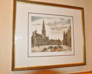 Framed Engraving Pencil Signed by Artist Hebbelinck and Numbered 51/350, 17" x 14" With COA, "Brussels Town Hall"
