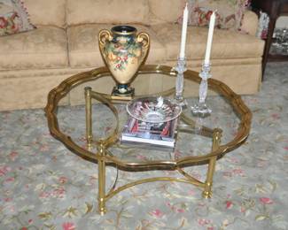 Hollywood Recency Style Brass Scalloped Edge Glass Cocktail Table  41"Dia.  x 17.5"H 