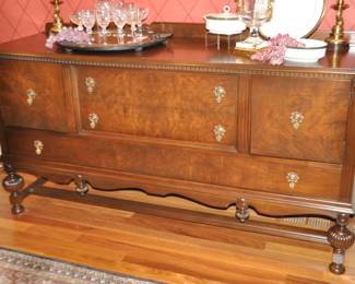 Matching our Exquisite Mahogany Dining Table is the William and Mary Style Antique Sideboard/Buffet Server with Brass Pulls, 3 Drawer, 2 Doors With Stretcher Bar and Intricate Carved Details, 72"W x 22"D x 39"H.