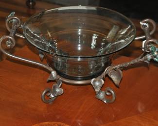 Heavy Green Glass and Scrolled Iron Centerpiece Bowl with Fantastic Glass Flower Accents, 21"W x 9"H