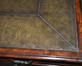 Up Close View of the Leather Embossing on The Mahogany Executive Desk