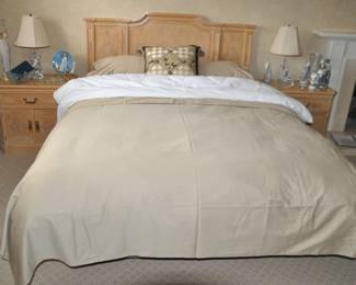 Wonderful Primary Suite, Queen Sized Drexel Heritage "Corinthian" Headboard Shown With Queen Sized Yves Delorme Paris Duvet and Pillow Shams and a Down Filled Queen Comforter.