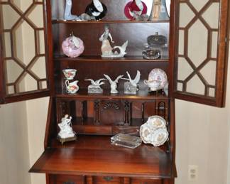 Open View of the Mahogany Secretary Bookcase Desk Shown With a Wonderful Assortment of Lladro and Other Lovely Figurines.