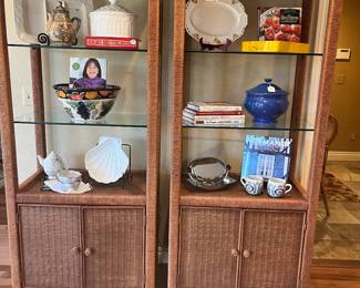 Overview of our Two Henry Link Wicker Wrapped Lighted Bookcase/Etagere with 2 Glass Shelves and Lower Interior Storage,  30"W x 19"D x  76"H