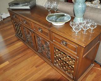 Overview of our Vintage Repurposed (Empty) Stereo Console Cabinet 73.5"W x 20"D x 29"H, with Incredible Studio Signed Pottery Displayed on top!