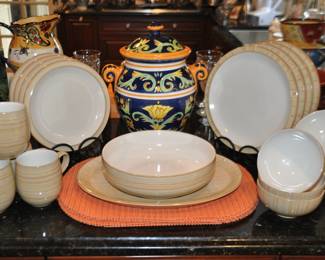 Gorgeous Vintage Denby England "Caramel Stripe" Four Piece Place Setting for Four Dinnerware with a 9.5" Serving Bowl and 14.5" Serving Platter Available!