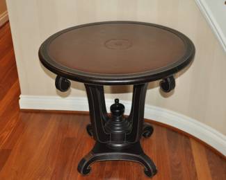 Beautiful Embossed Brown Leather Top with Leather Wrapped Base and Exposed Stitching Pedestal Foyer/Side Table, 32" D, 29"H